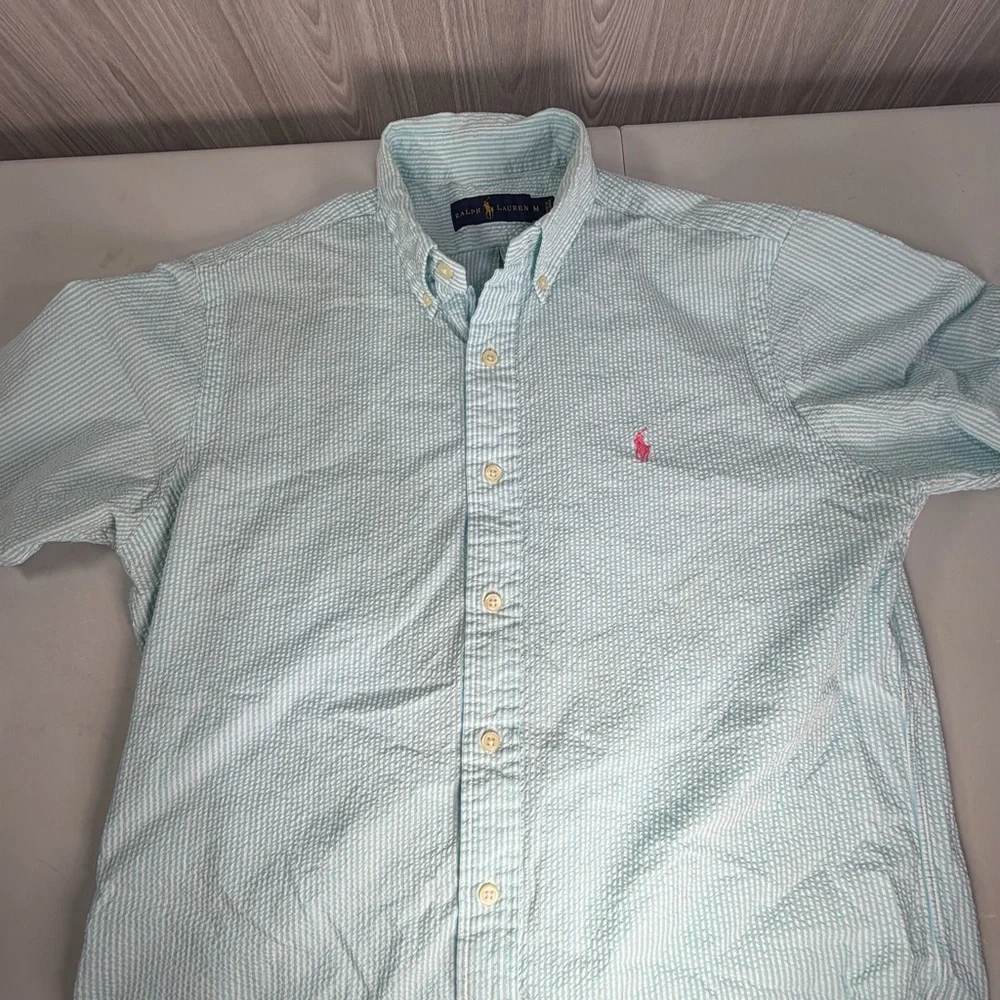 Polo Ralph Lauren Short-sleeve Blue White Seersucker Button Up Pink Pony Shirt M
